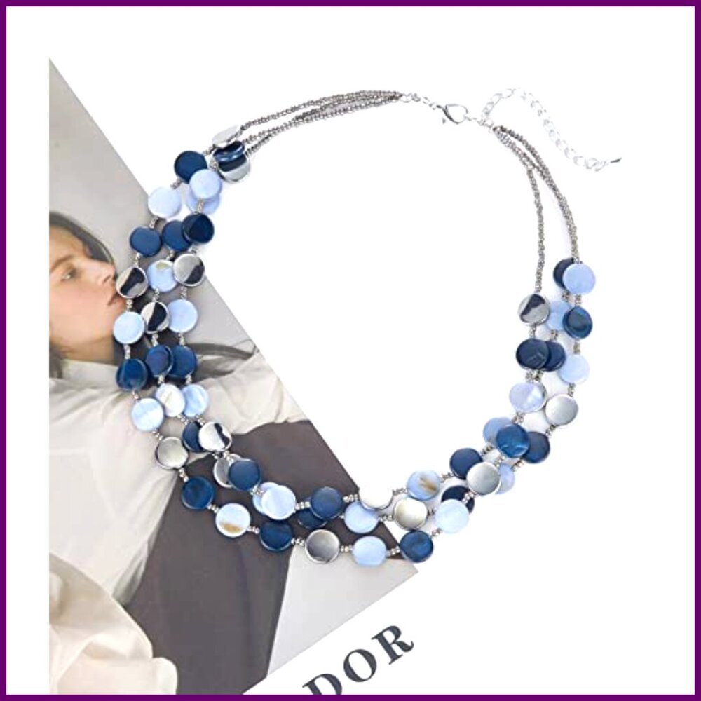 Layered Beaded Statement Necklace, Shell Alloy, 1… - image 3